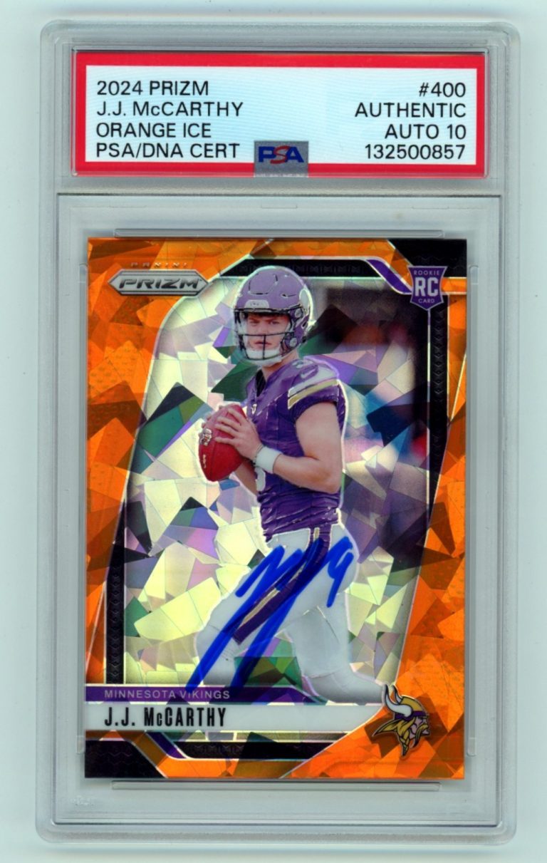 J.J. McCarthy 2024 Panini Prizm #400 Signed Orange Cracked Ice RC PSA 10 Auto