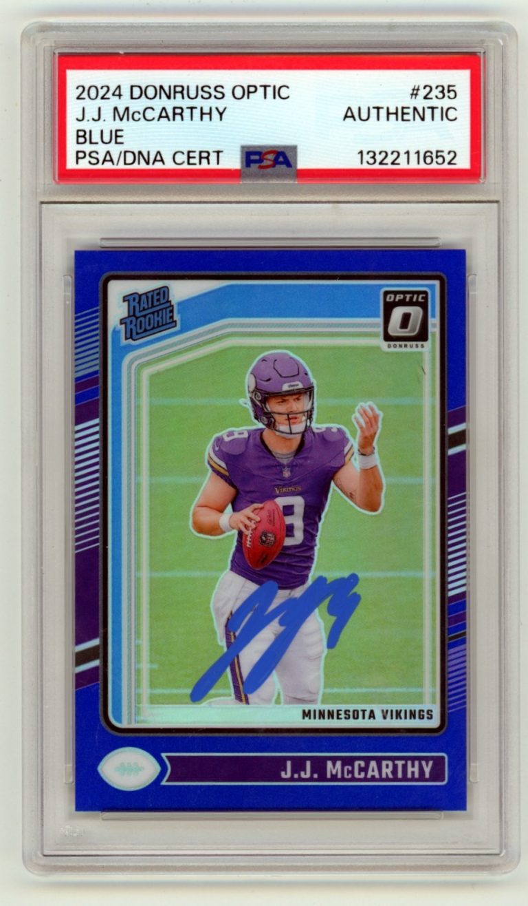 J.J. McCarthy 2024 Donruss Optic Blue Prizm Signed Rated Rookie RC /199 PSA Auto