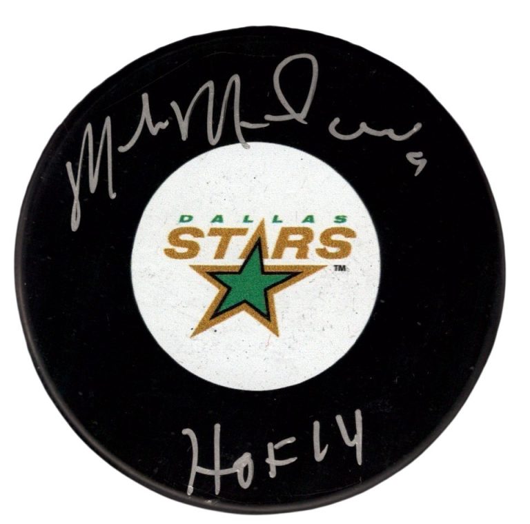 Mike Modano Signed Autographed Stars Logo Puck w/ HOF 2014 JSA Witness COA