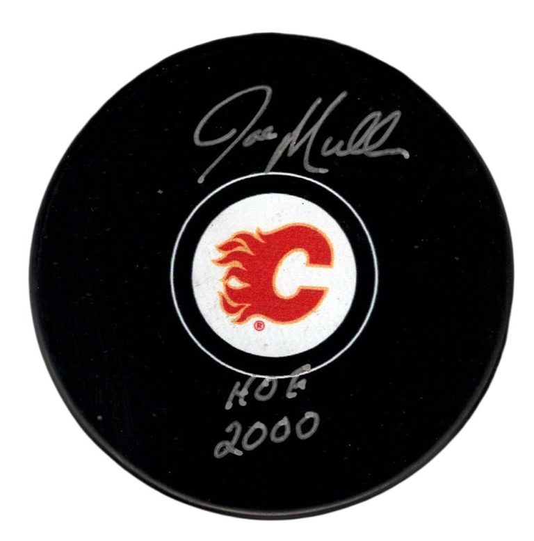 Joe Mullen Signed Autographed Flames Logo Puck w/ HOF 2000 JSA Witness COA