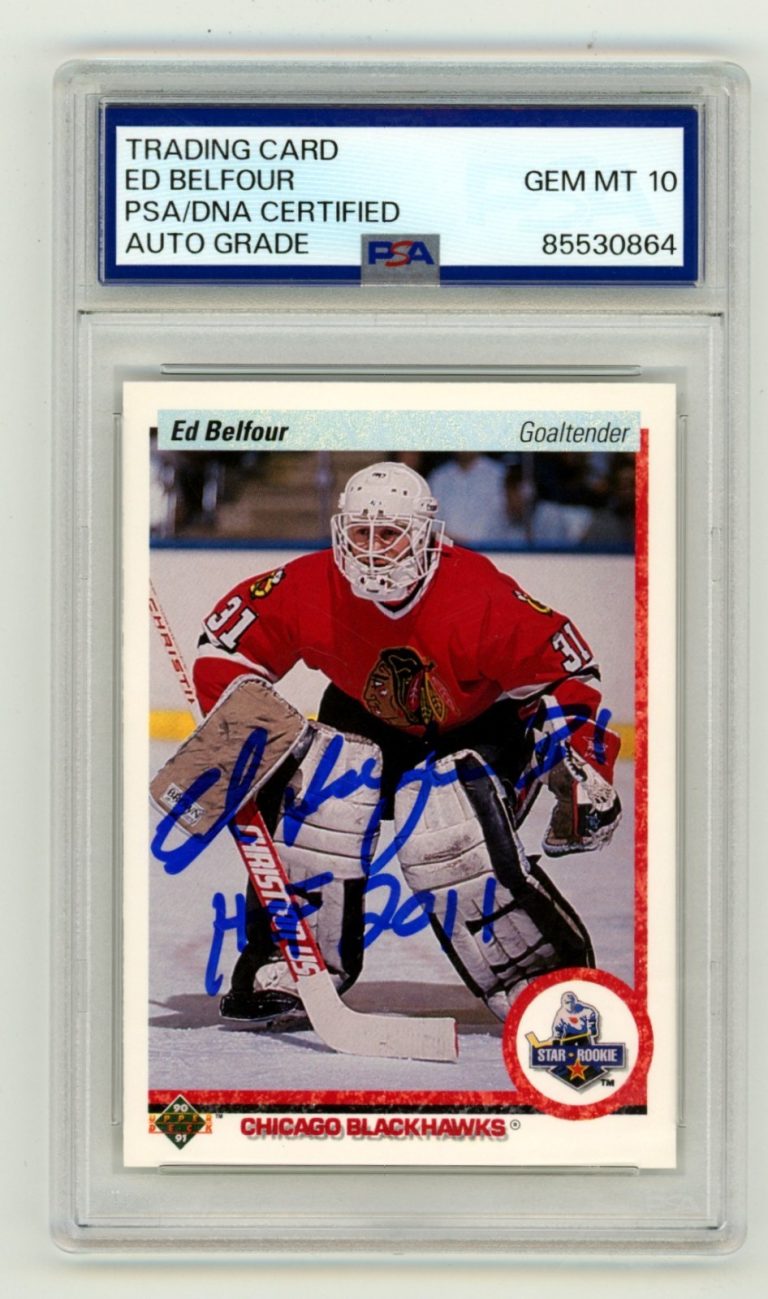 Ed Belfour 1990-91 Upper Deck #55 Signed Rookie RC w/ HOF 2011 Ins PSA 10 Auto