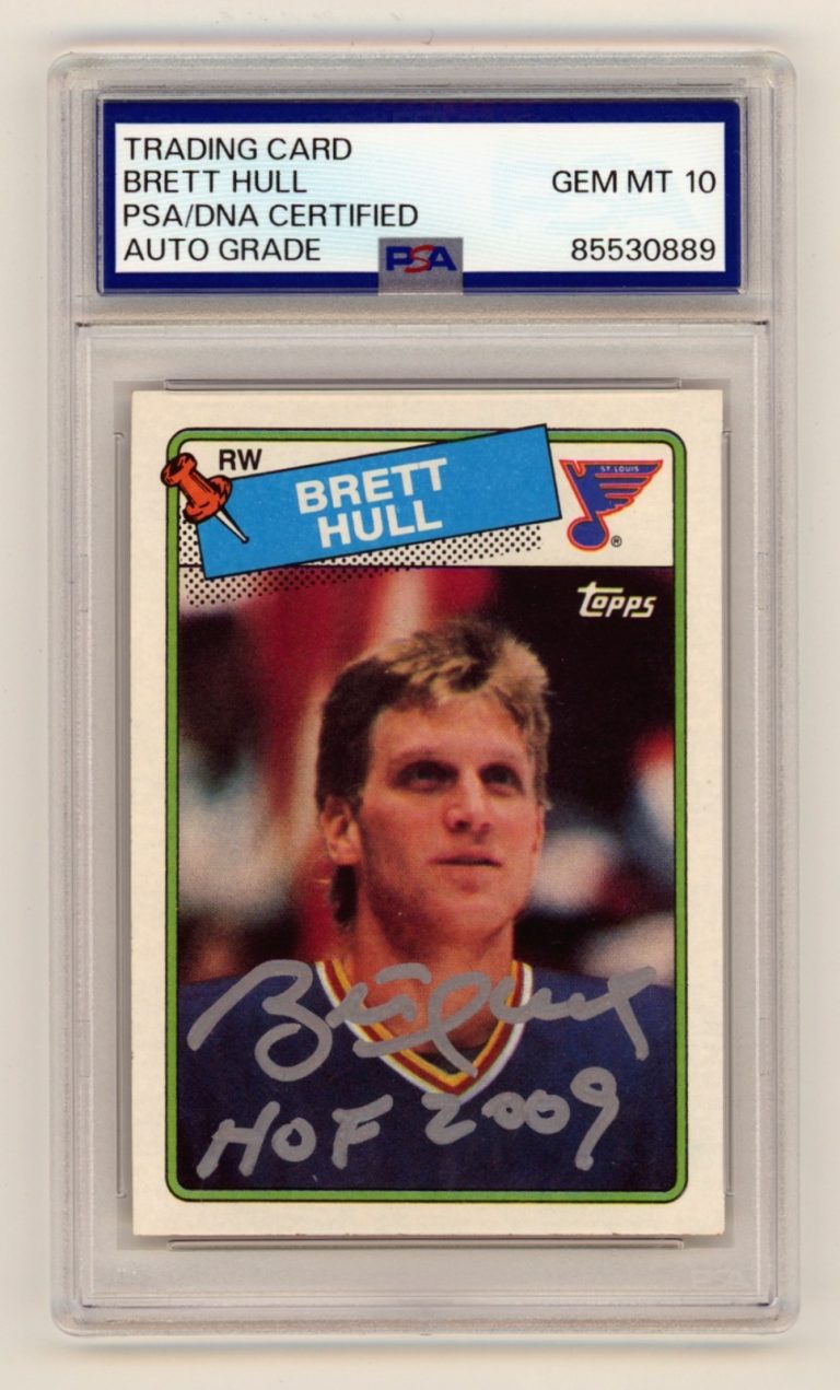 Brett Hull 1988-89 Topps 66 Signed Rookie RC w/ HOF 2009 Inscription PSA 10 Auto
