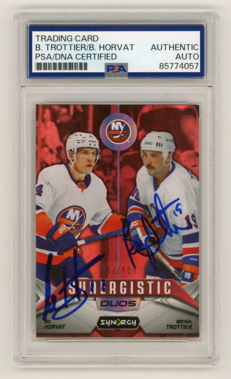 Bo Horvat & Bryan Trottier 2024-25 UD Synergy Red #/499 Dual Signed PSA Auto