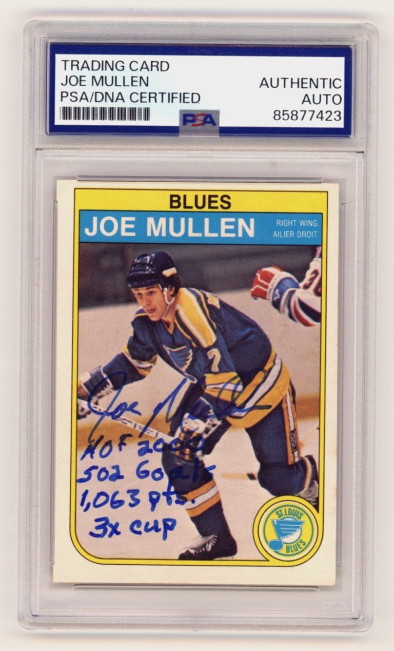 Joe Mullen 1982-83 O-Pee-Chee 307 Signed Rookie RC w/ 4 Insc. PSA Authentic Auto