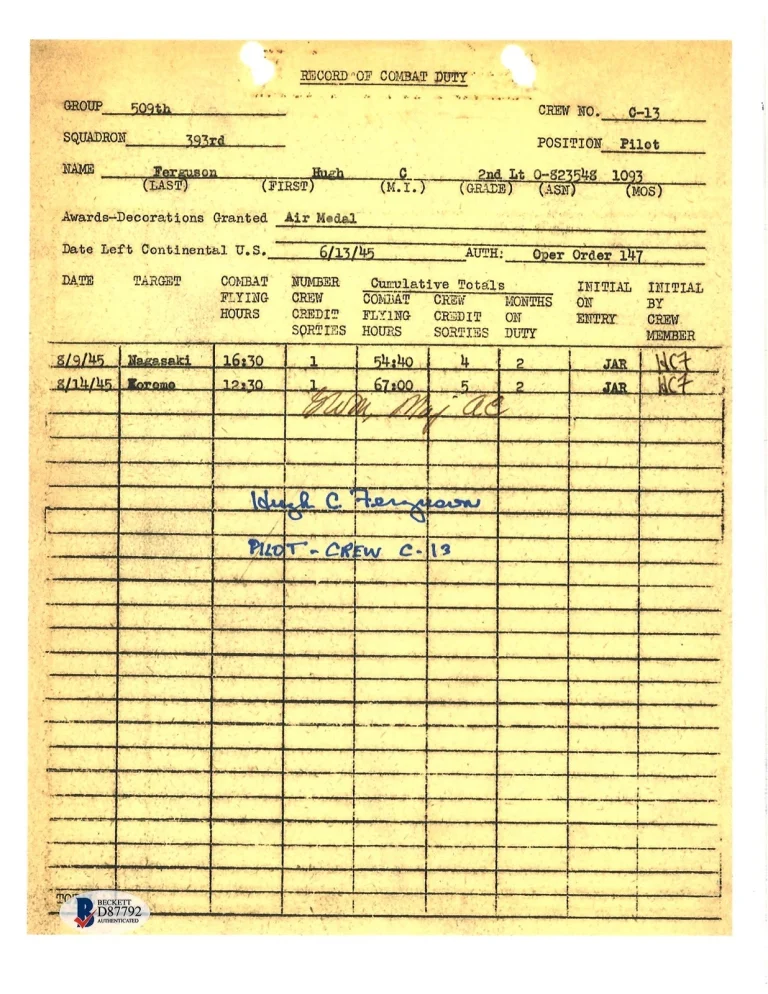 Hugh Ferguson Signed 509th Nagasaki Combat Record Pilot C-13 BAS D87792