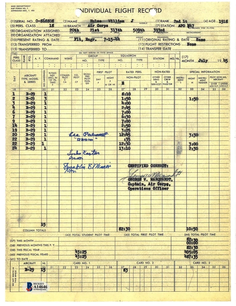 Lee Palmert Locke Easton Franklin Wimer Signed 509th Flight Record BAS A14646