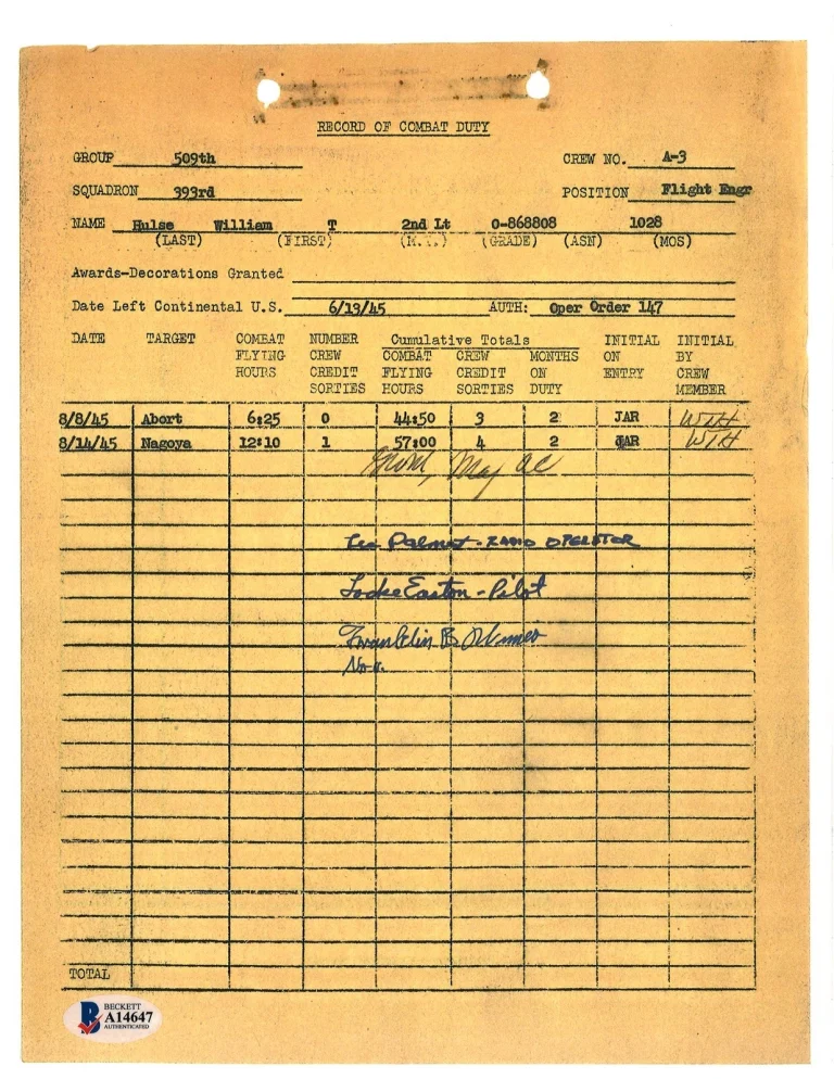 Lee Palmert Locke Easton Franklin Wimer 509th Signed Combat Duty Doc BAS A14647