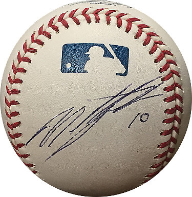 Miguel Tejada signed MLB Baseball #10 (side panel sig) (Giants/A's/Orioles)