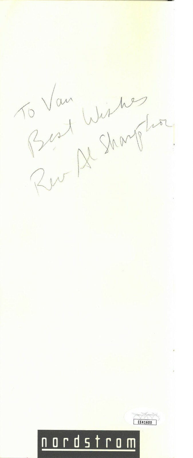 Rev. Al Sharpton signed 1990 Nordstrom Designer Program To Van- JSA #EE41600