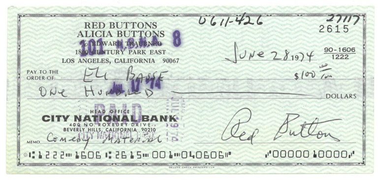 Red Buttons signed 1974 Personal Cancelled Check- PSA LOA- NM Signature