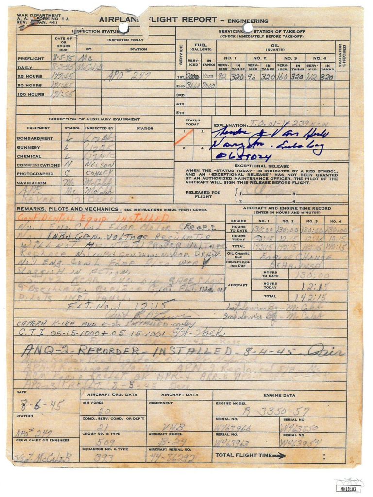 Theodore “Dutch” Van Kirk signed WWll Enola Gay/Hiroshima Flight Report - JSA