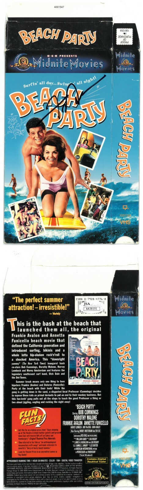 Frankie Avalon signed 1963 Beach Party VHS Video/Movie Cover- JSA Holo #AA38191