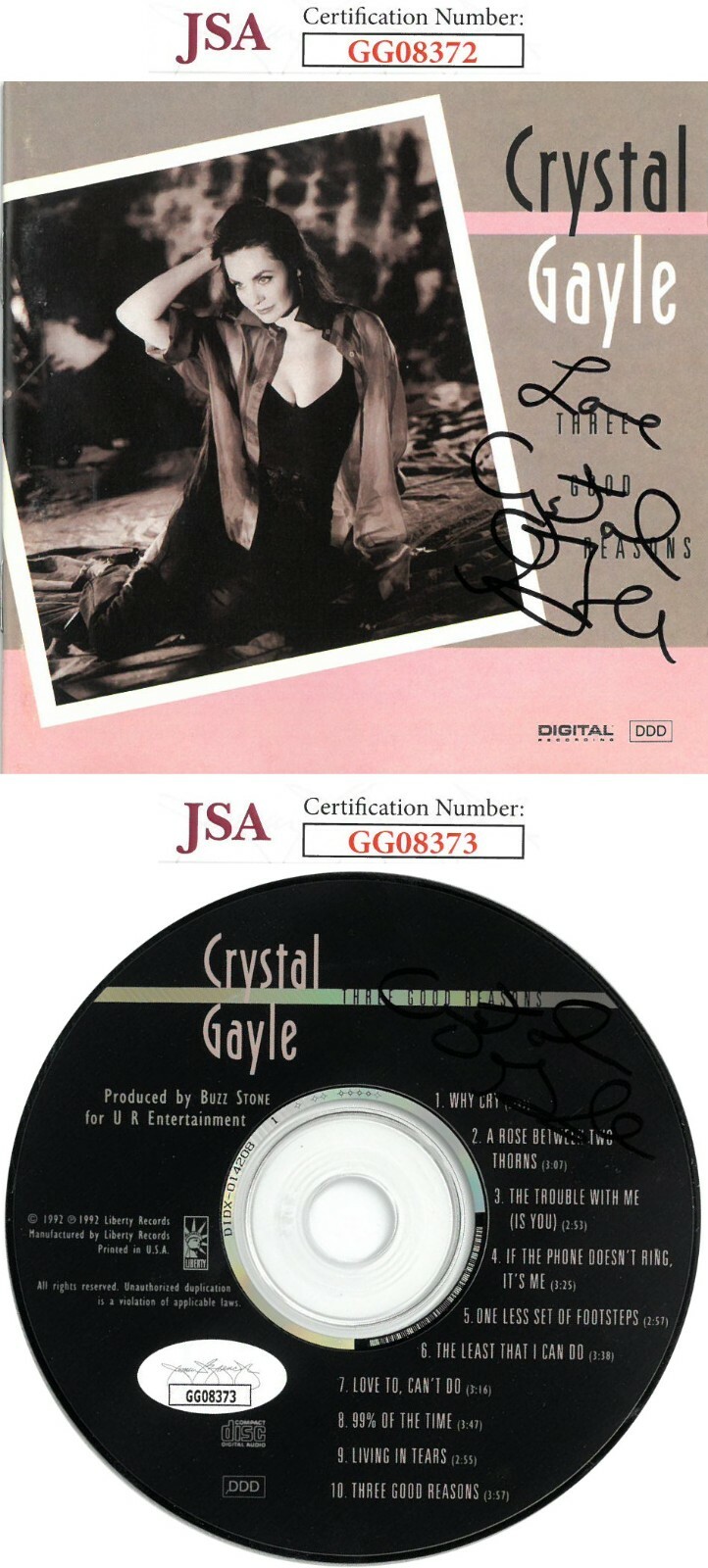 Crystal Gayle dual signed Three Good Reasons Album CD Cover & CD- JSA Hologram's