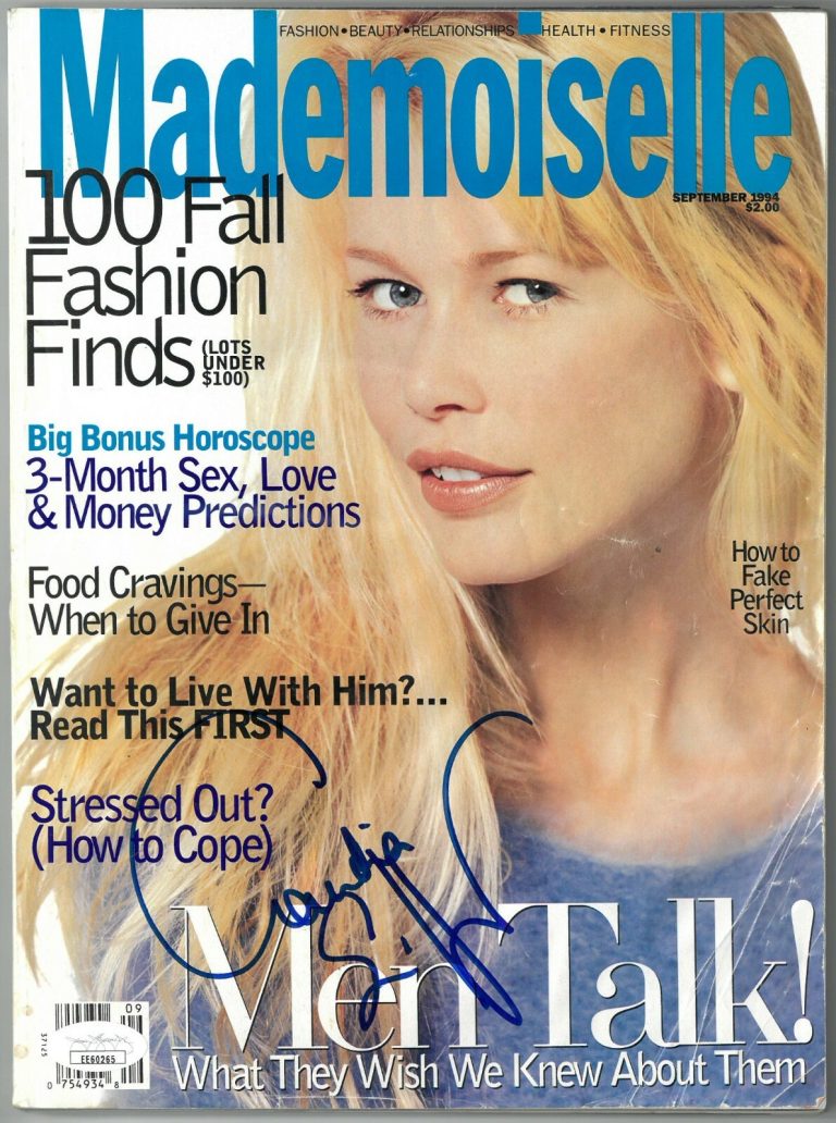 Claudia Schiffer signed Mademoiselle Full Magazine Sept 1994 cover damage- JSA