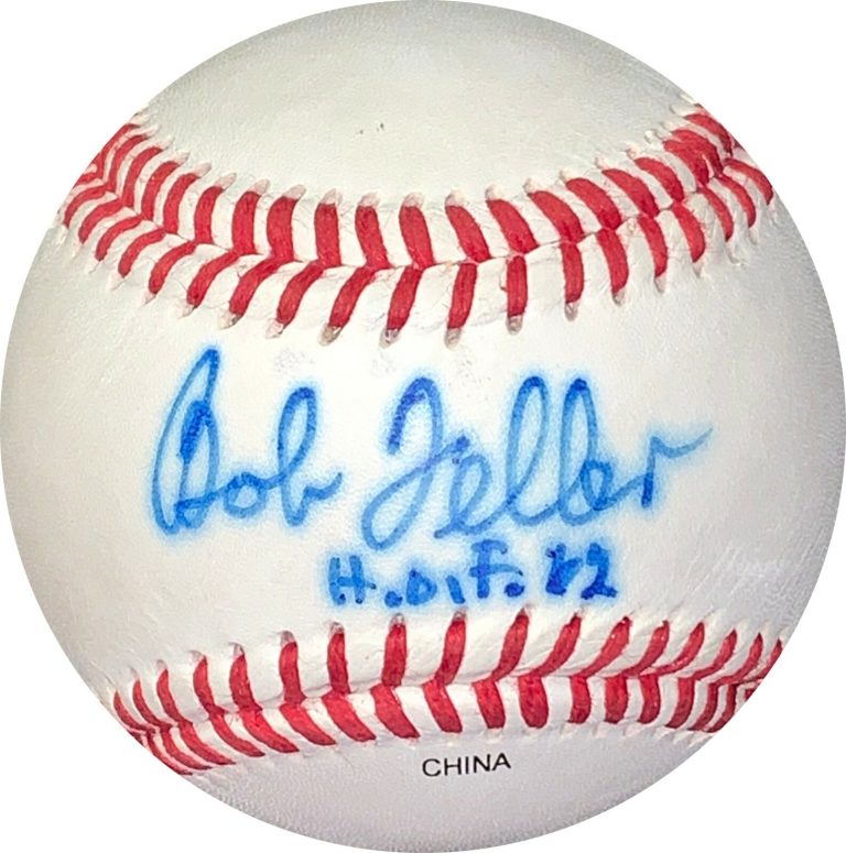 Bob Feller signed Wilson Official Collegiate Baseball HOF '62 bleed- JSA