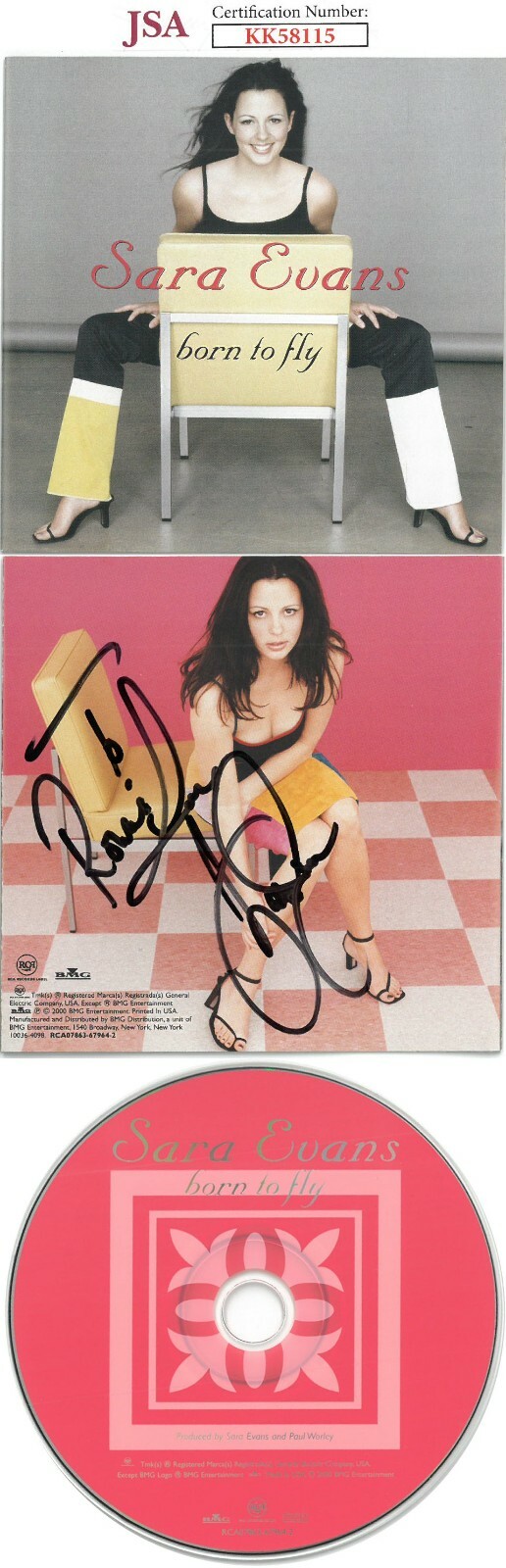 Sara Evans signed 2000 Born To Fly Album Back Cover w/ CD & Case To Ronnie - JSA