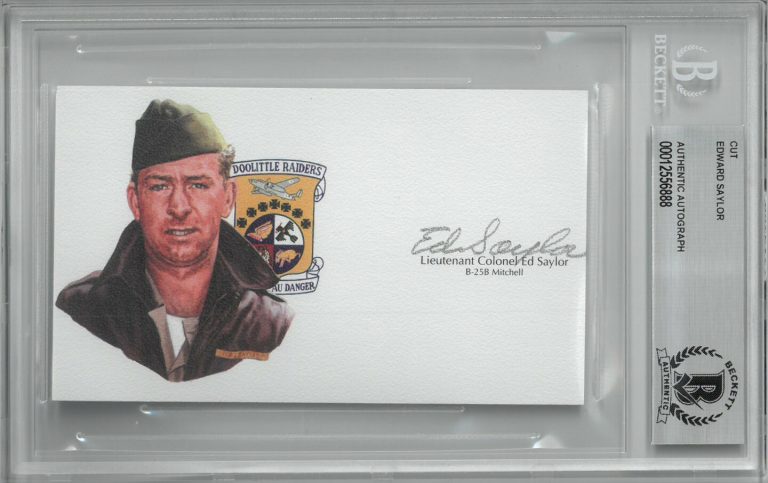 Lt Colonel Ed Saylor signed 3”x 5” cut signature Image– BAS/Beckett Encapsulated