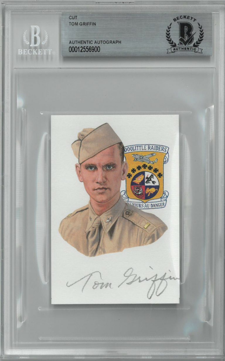 Tom Griffin signed 2.5”x 3.75” cut signature w/ Image– BAS/Beckett Encapsulated