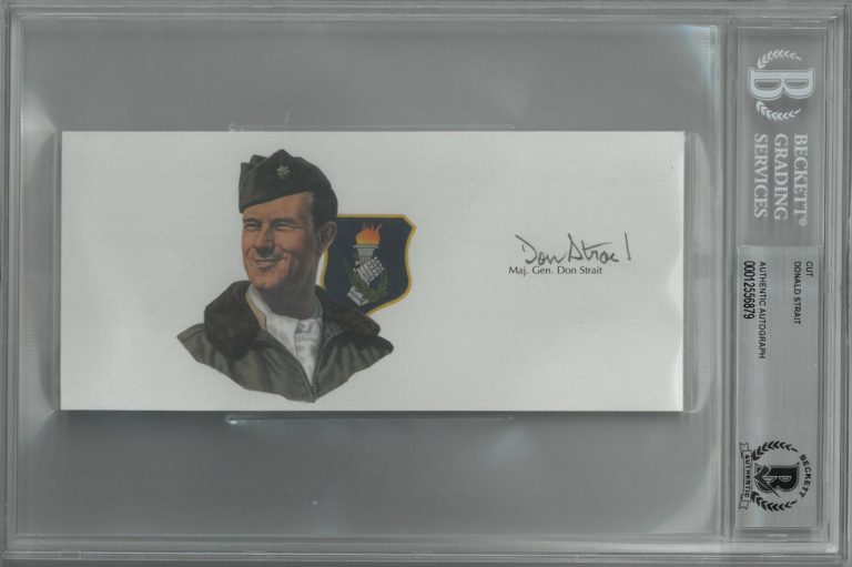 Donald Strait signed 6.5”x3” cut sig WWll USAF Double Ace Pilot – BAS/Beckett