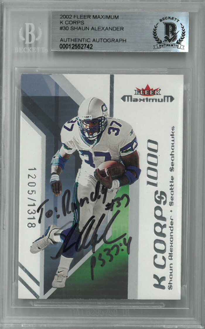 Shaun Alexander signed 2002 Seahawks Fleer Maximum Card To Randy PS 37:4 - BAS