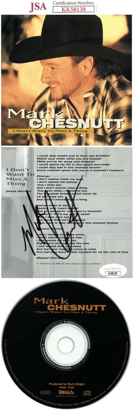Mark Chesnutt signed 1998 I Don't Want To Miss A Thing Album Inside Cover CD JSA