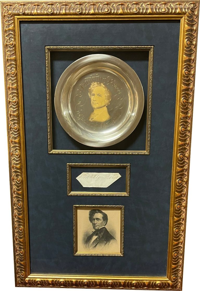 Franklin Pierce signed POTUS 14th President 1850's Ink cut /sterling plate 17x27