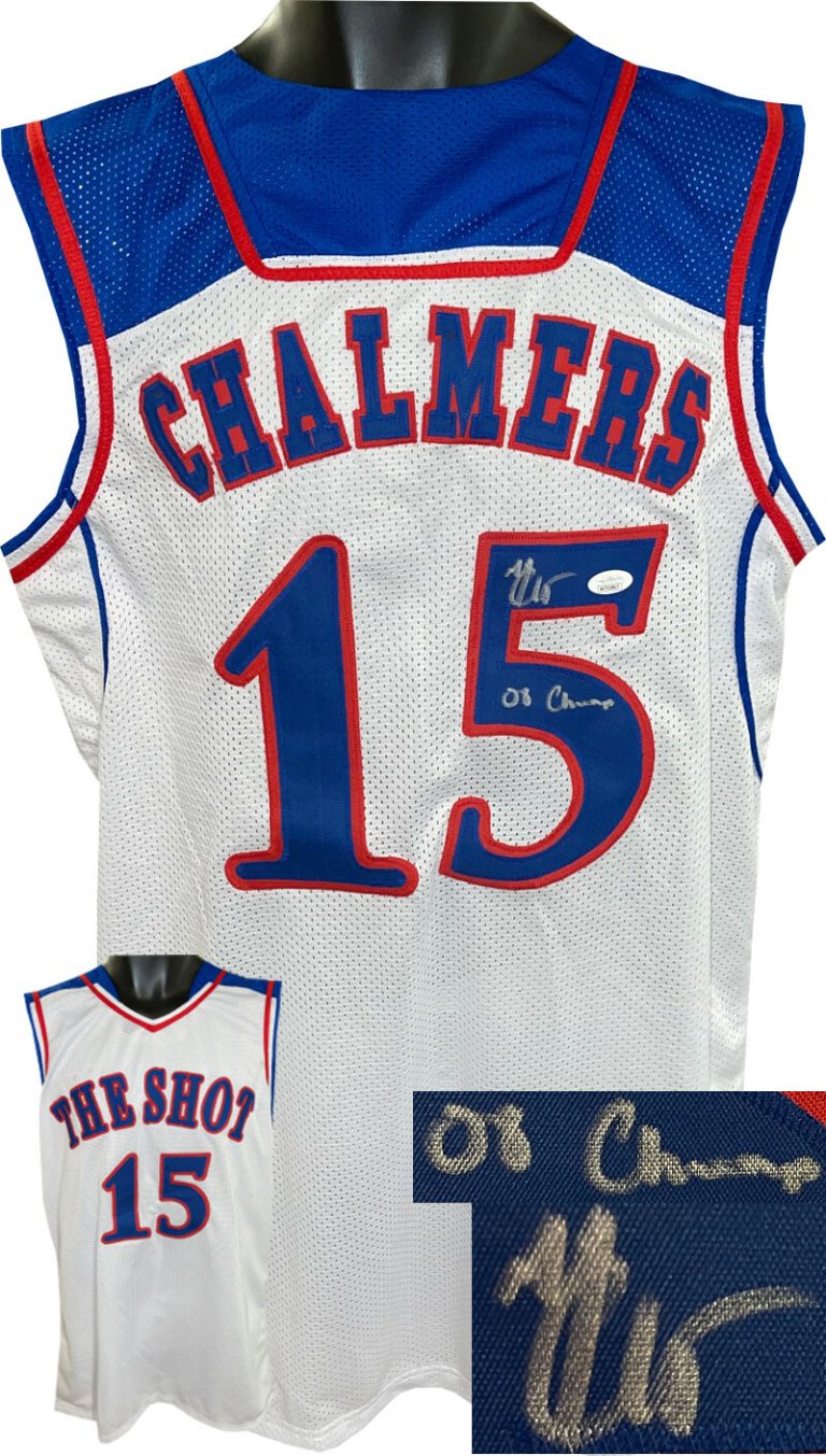 Mario Chalmers signed Kansas The Shot White Custom College Jersey 08 Champs- JSA