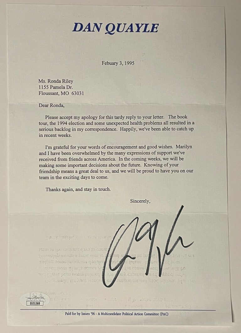 Dan Quayle signed US Vice President/Senator 1995 Letter/Personal Stationary- JSA