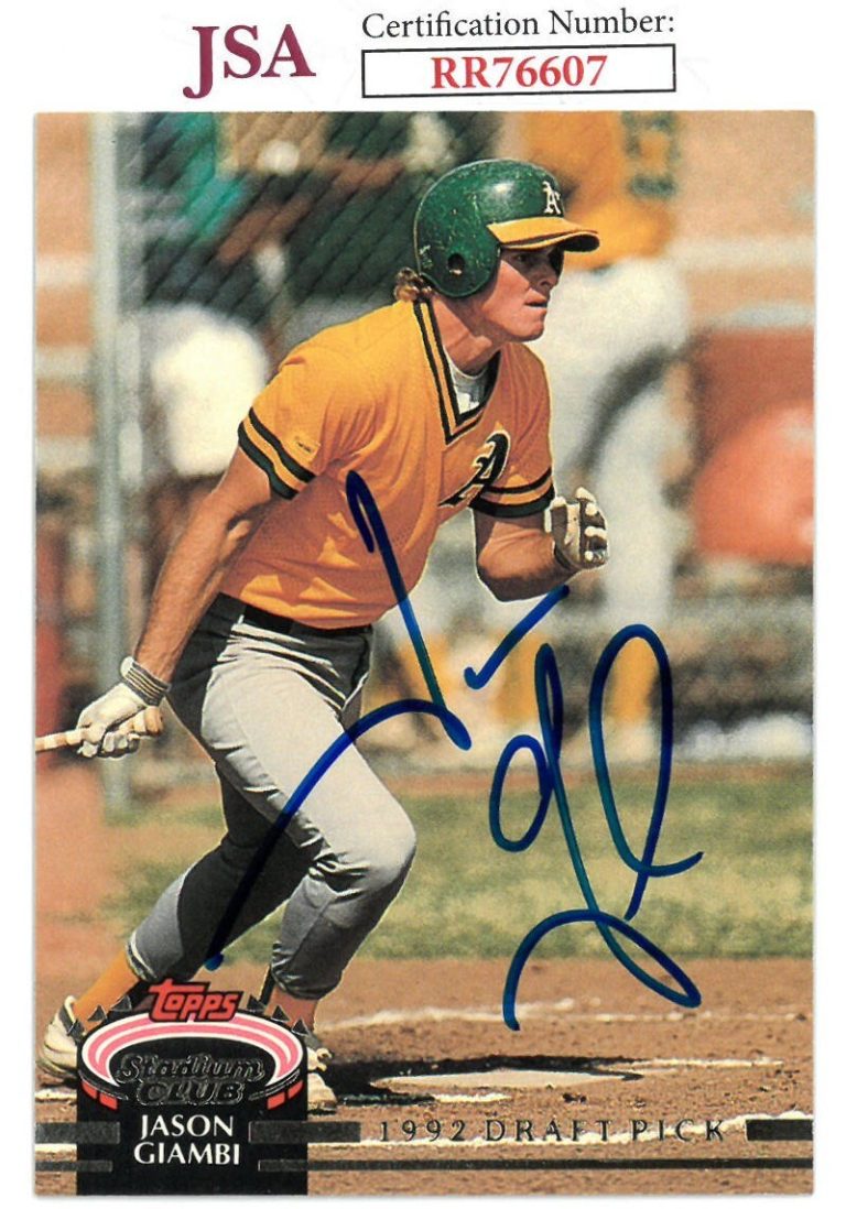 Jason Giambi signed 1992 Topps Stadium Club Card #200- JSA (On Card Auto)