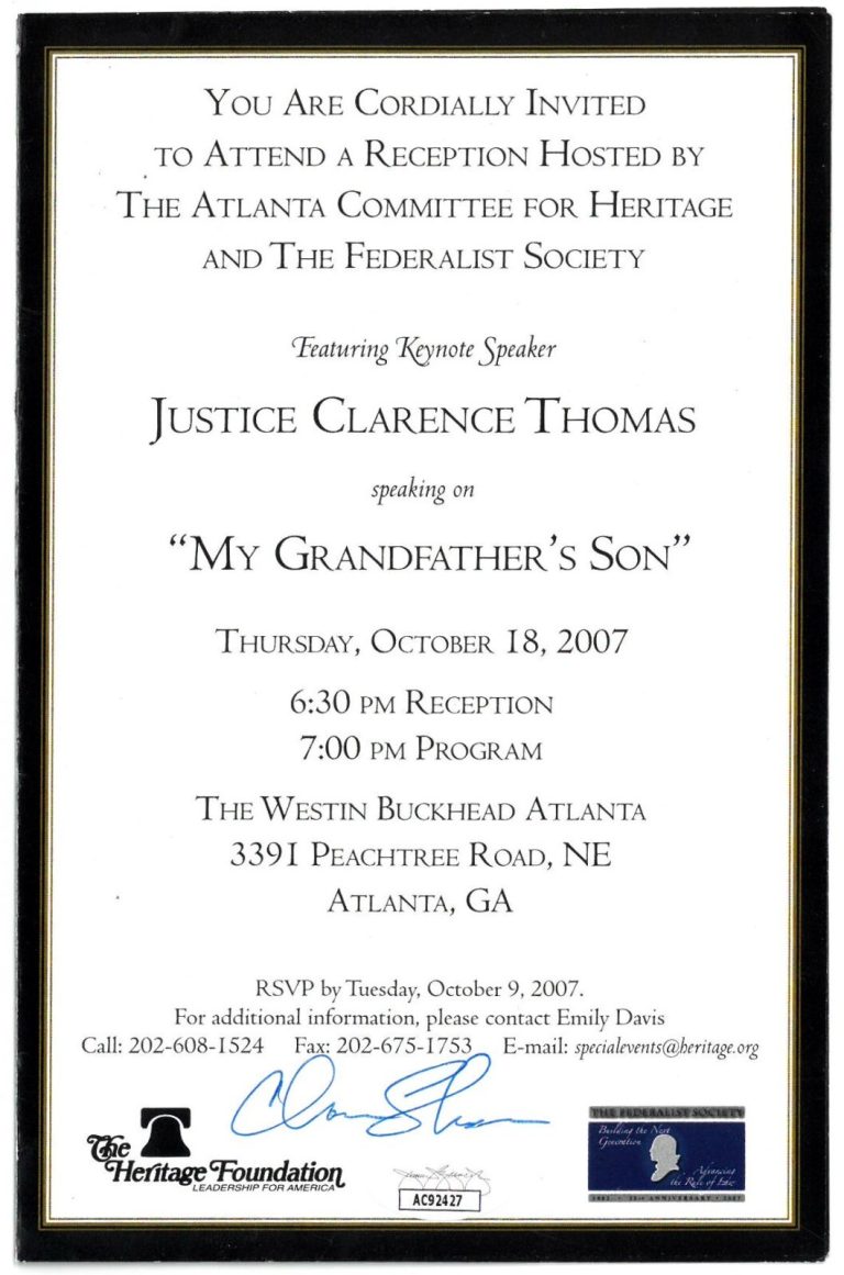 Supreme Court Justice Clarence Thomas signed 2007 Reception Invitation - JSA