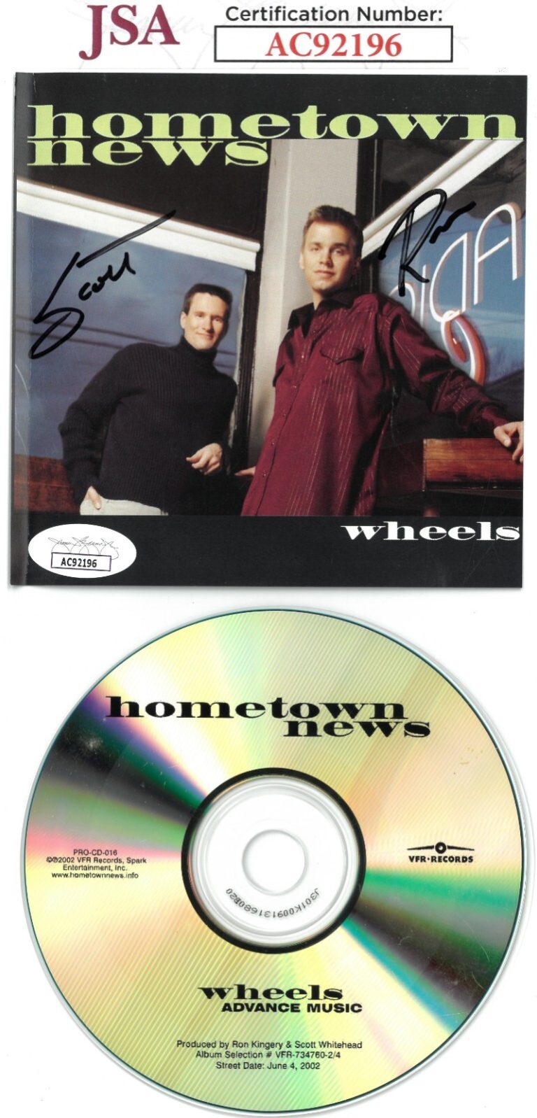 Hometown News signed Ron Kingery /Scott Whitehead 2002 Wheels Album Cover CD-JSA
