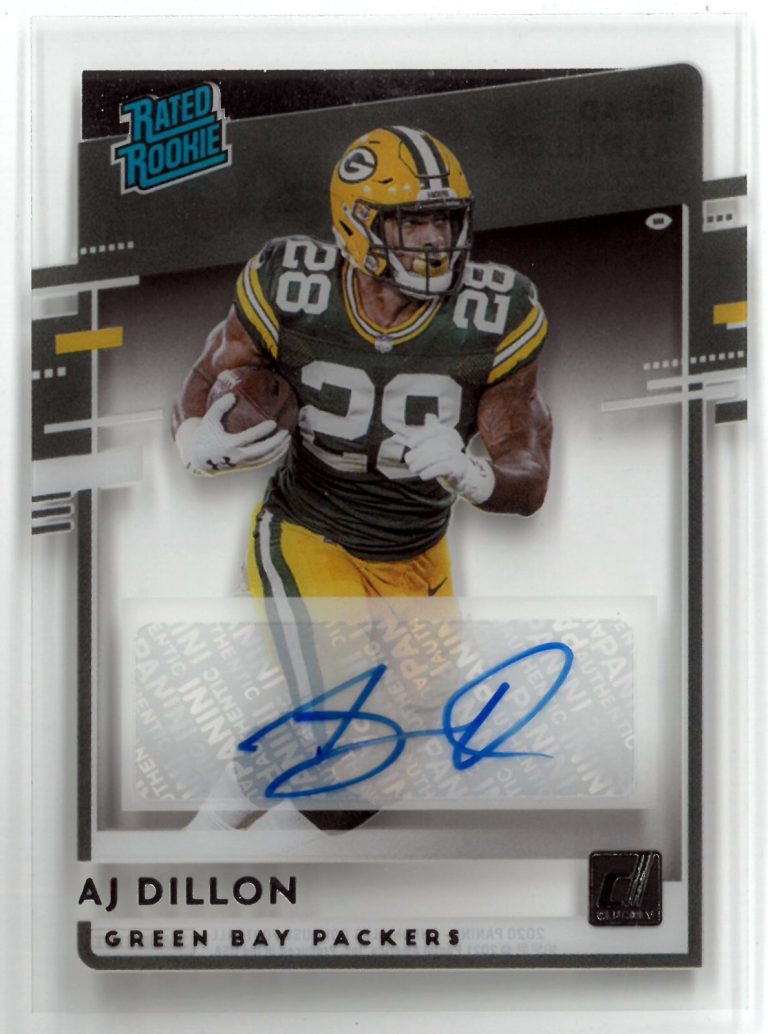 AJ (A.J.) Dillon signed 2020 Panini Chronicles Donruss Clearly Rated Rookie Auto