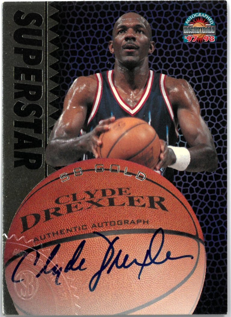 Clyde Drexler signed 1997-98 Score Board Gold Superstar Auto Card
