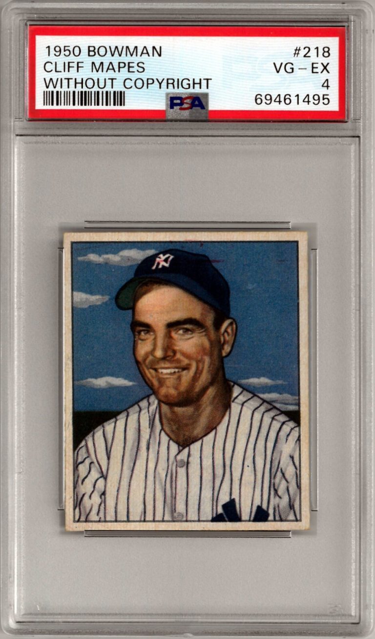 Cliff Mapes 1950 Bowman Baseball Card #218- Without Copyright-PSA Graded 4 VG-EX