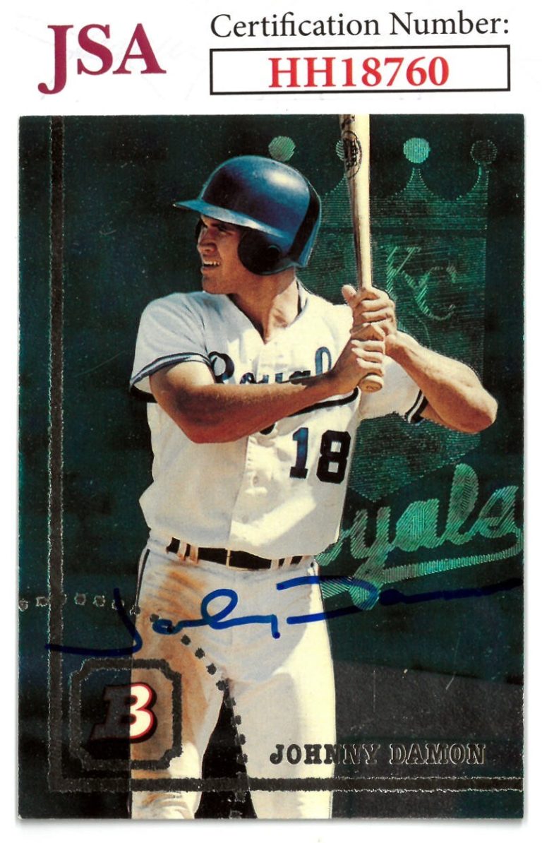 Johnny Damon signed 1994 Bowman Baseball Rookie On Card Auto RC #373 Royals -JSA