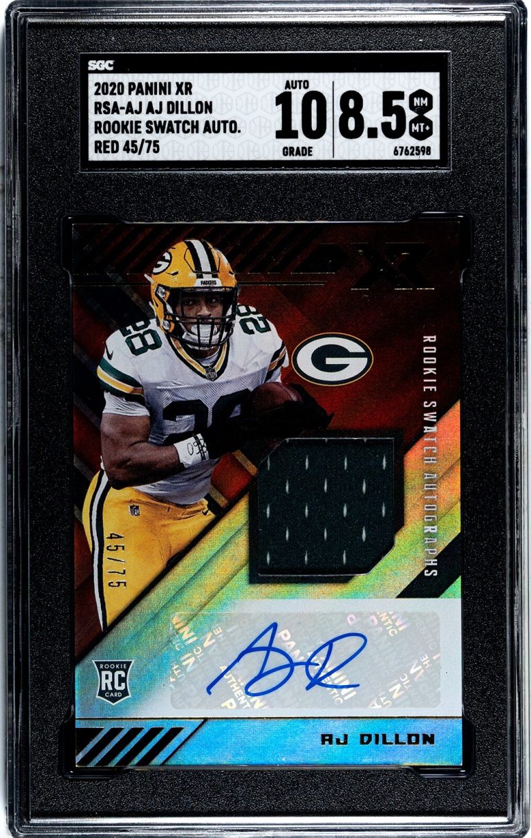 AJ (A.J.) Dillon signed 2020 Panini XR Rookie Red Auto Card RPA- SGC Graded 8.5
