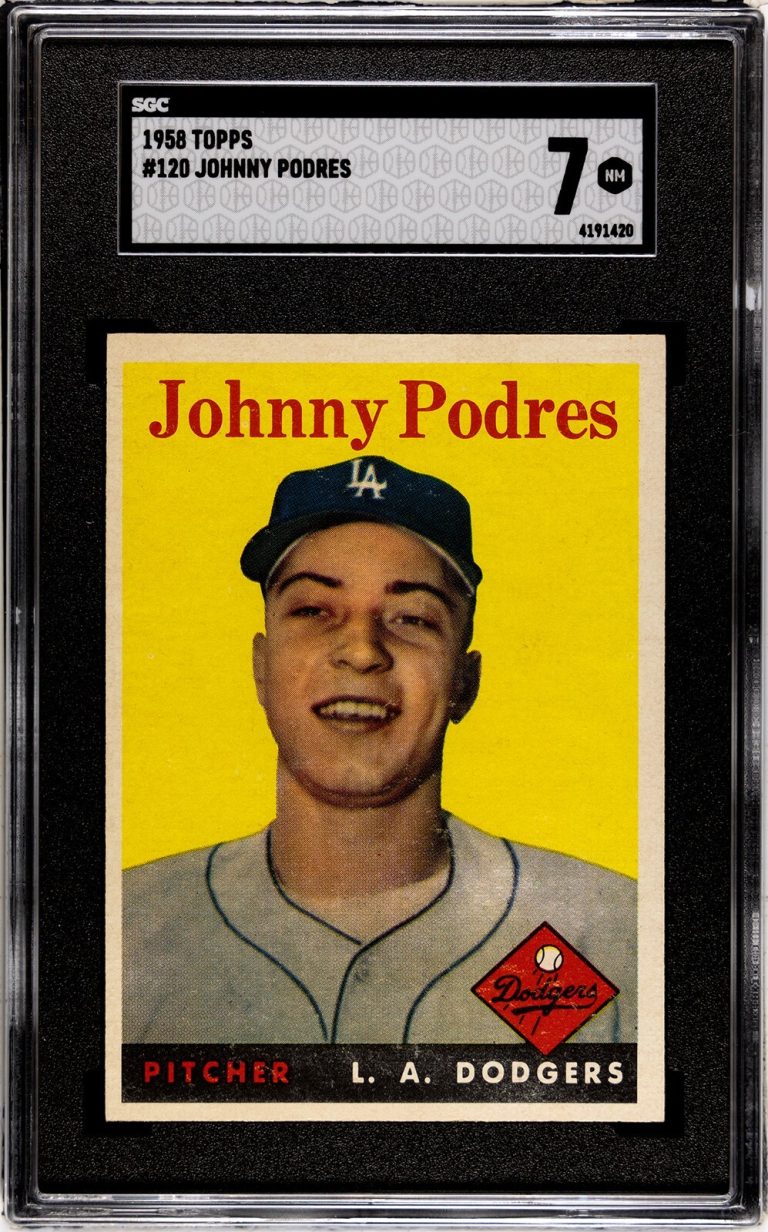Johnny Podres 1958 Topps Baseball Card #120 Los Angeles Dodgers SGC Graded 7 NM