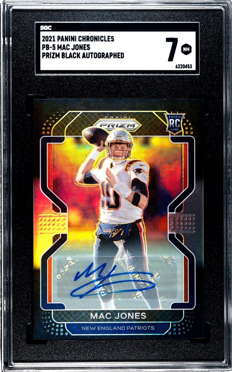 Mac Jones signed 2021 Panini Chronicles Prizm Black Rookie Card-SGC Graded 7 NM