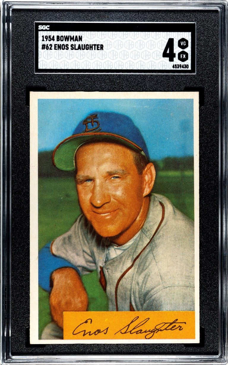 Enos Slaughter 1954 Bowman Baseball Card #62 Cardinals/HOF - SGC Graded 4 VG-EX