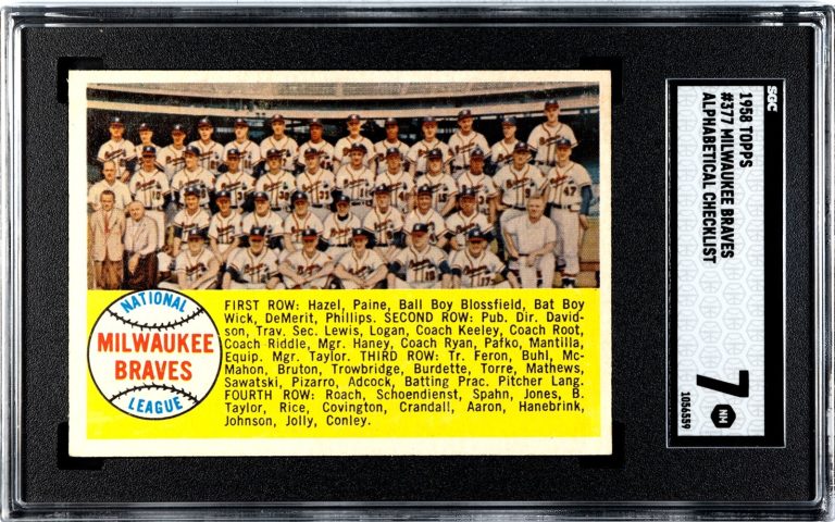 1958 Topps Milwaukee Braves Alphabetical Checklist Card #377- SGC Graded 7 NM