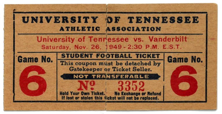 1949 Vanderbilt vs Tennessee Vols Shields Watkins Field  Full Unused Student -G6