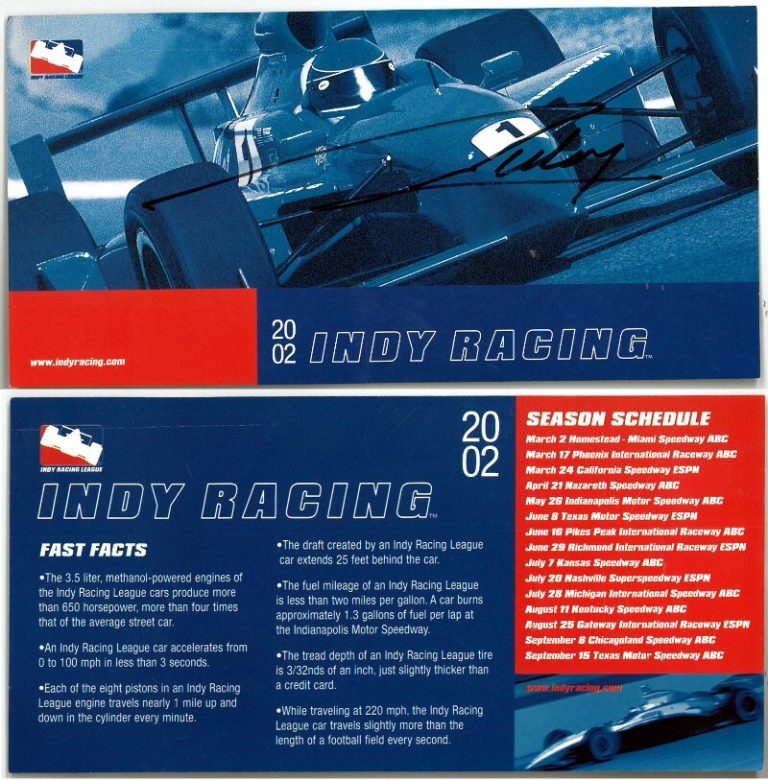Laurent Redon Signed 2002 Indy Racing 8.5”x4.25” Season Schedule– COA