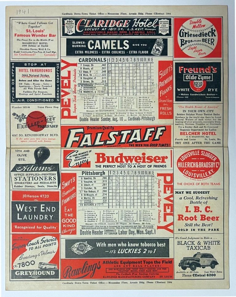 1941 St. Louis Cardinals/Pirates Sportsman Pk 5 cent Scored Score Card- Pristine