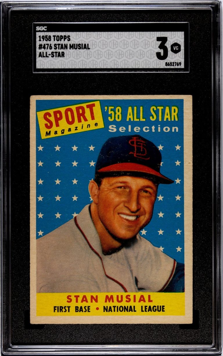 Stan Musial 1958 Topps All-Star Baseball Card #476 Cardinals- SGC Graded 3 VG