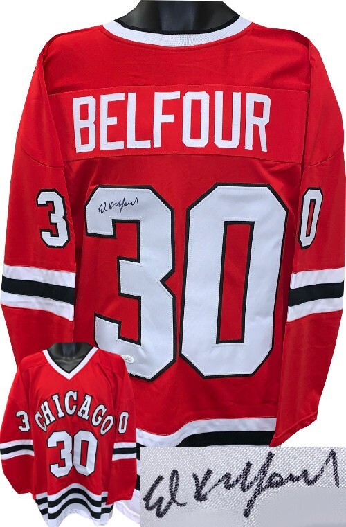 Ed Belfour signed Chicago TB Custom Stitched Hockey Jersey #30 XL- JSA Witnessed