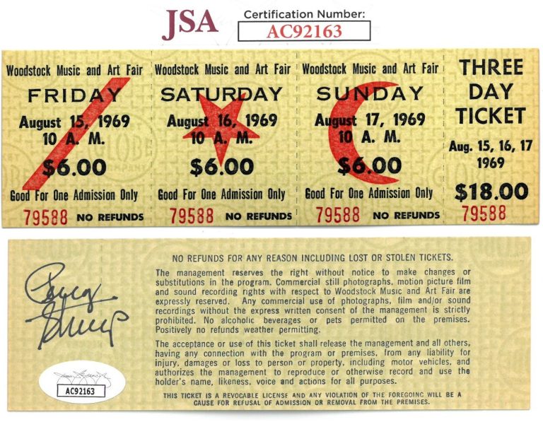 Penny Stallings Signed 1969 Woodstock Ultra Rare $18 3 Day Full Ticket RARE- JSA