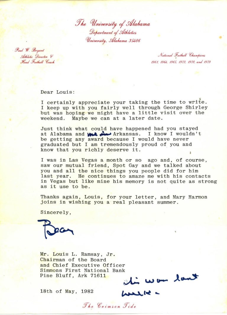Paul Bear Bryant signed Official Alabama Crimson Tide Letter 5/18/82 - JSA LOA