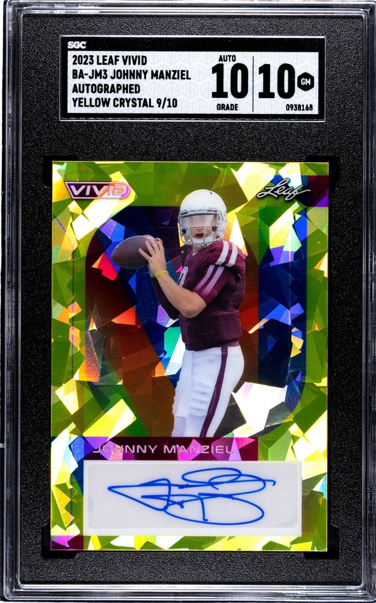 Johnny Maziel signed 2023 Leaf Vivid Yellow Crystal Auto Card- SGC Graded 10 GMT