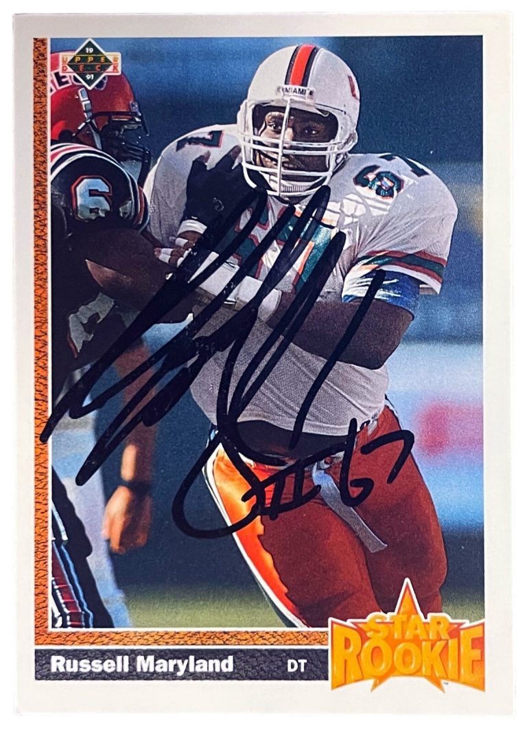 Russell Maryland signed 1991 Upper Deck Star RC On Card Auto Miami Canes #5- COA