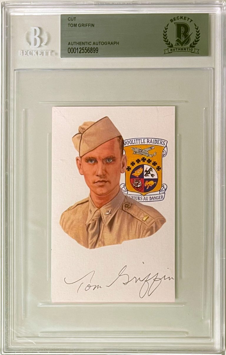 Tom Griffin signed 2.5”x 3.75” cut signature w/ Image– BAS/Beckett Encapsulated